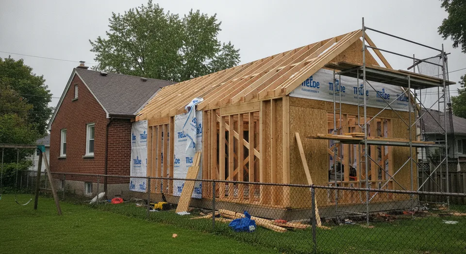 Home addition under construction on a Kitchener house with new framing tied into the original roofline